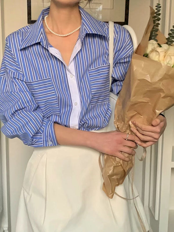 Long Sleeves Loose Buttoned Contrast Color Pockets Striped Lapel Blouses&shirts Tops