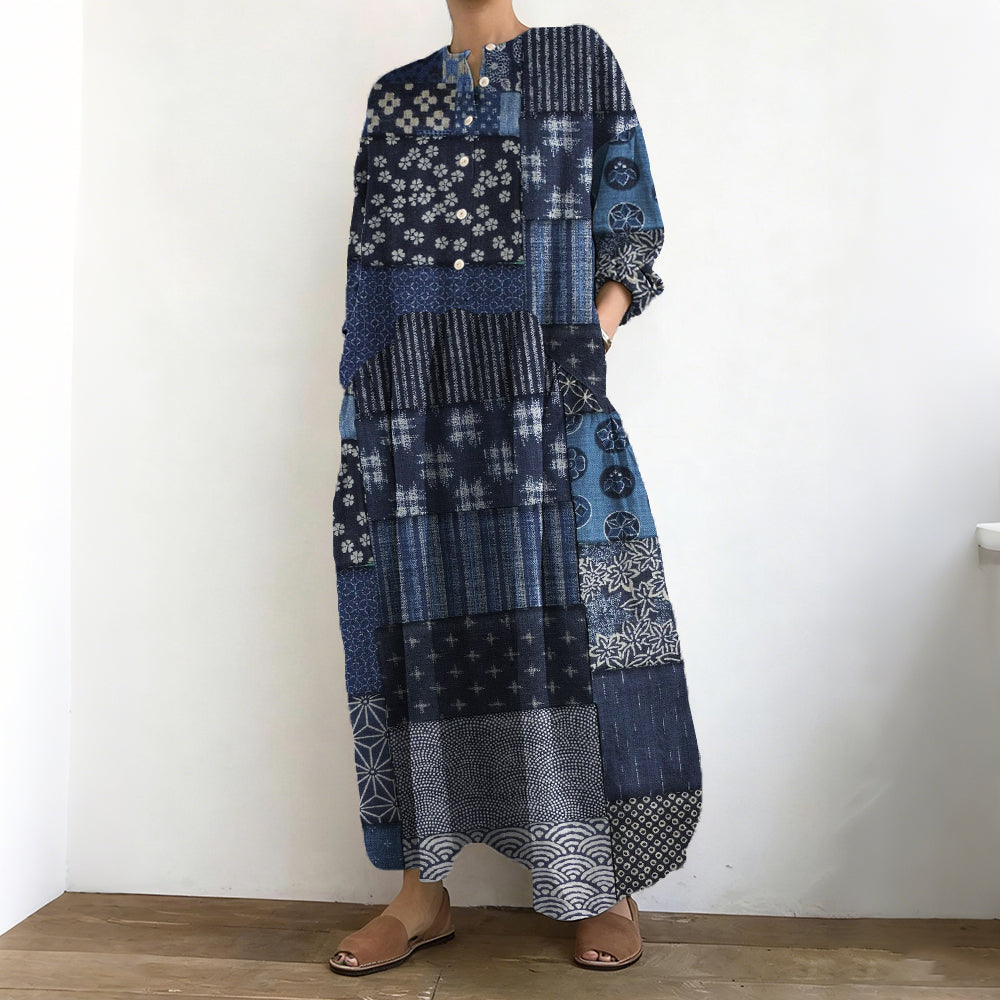 Comstylish Vintage Japanese Traditional Patchwork Art Linen Maxi Dress