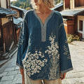Women's Japanese Art Floral Print V-neck Loose Blouse elevenforest