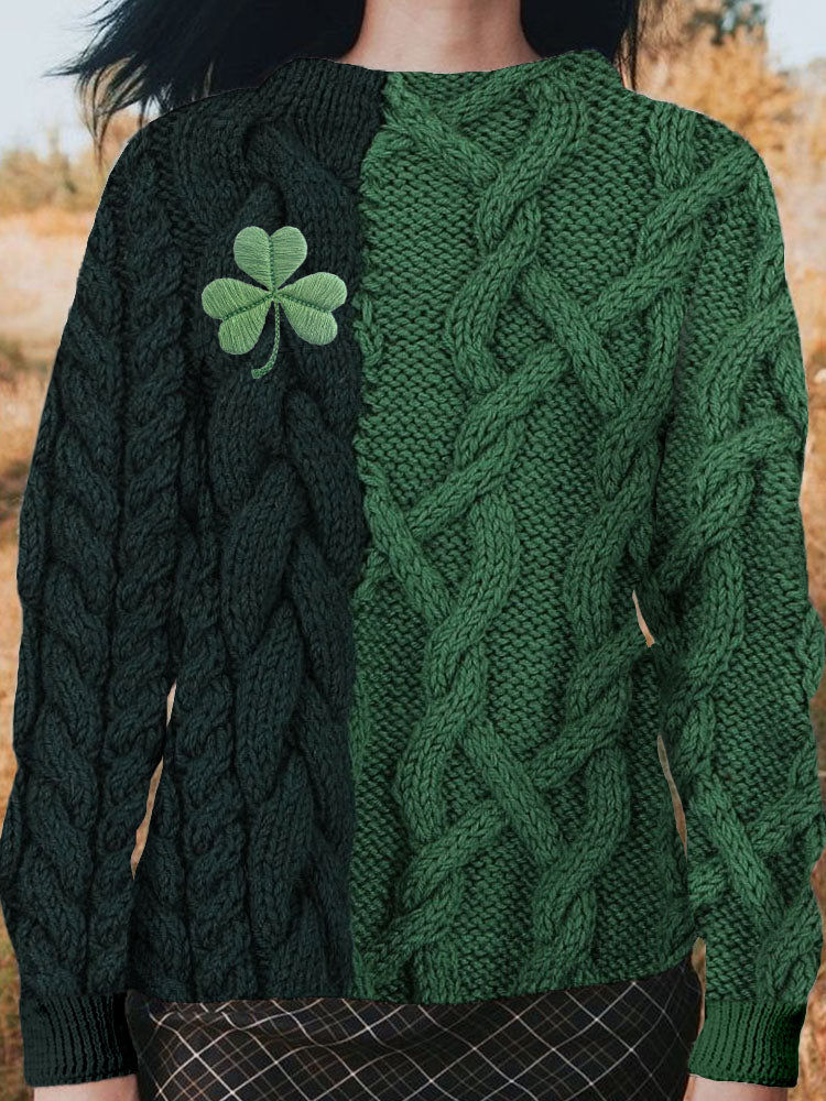 Irish Shamrock Embroidered Jacquard Cozy Knit Sweater elevenforest