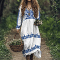 Cretan Pattern V-neck Loose Linen Blend Midi Dress elevenforest