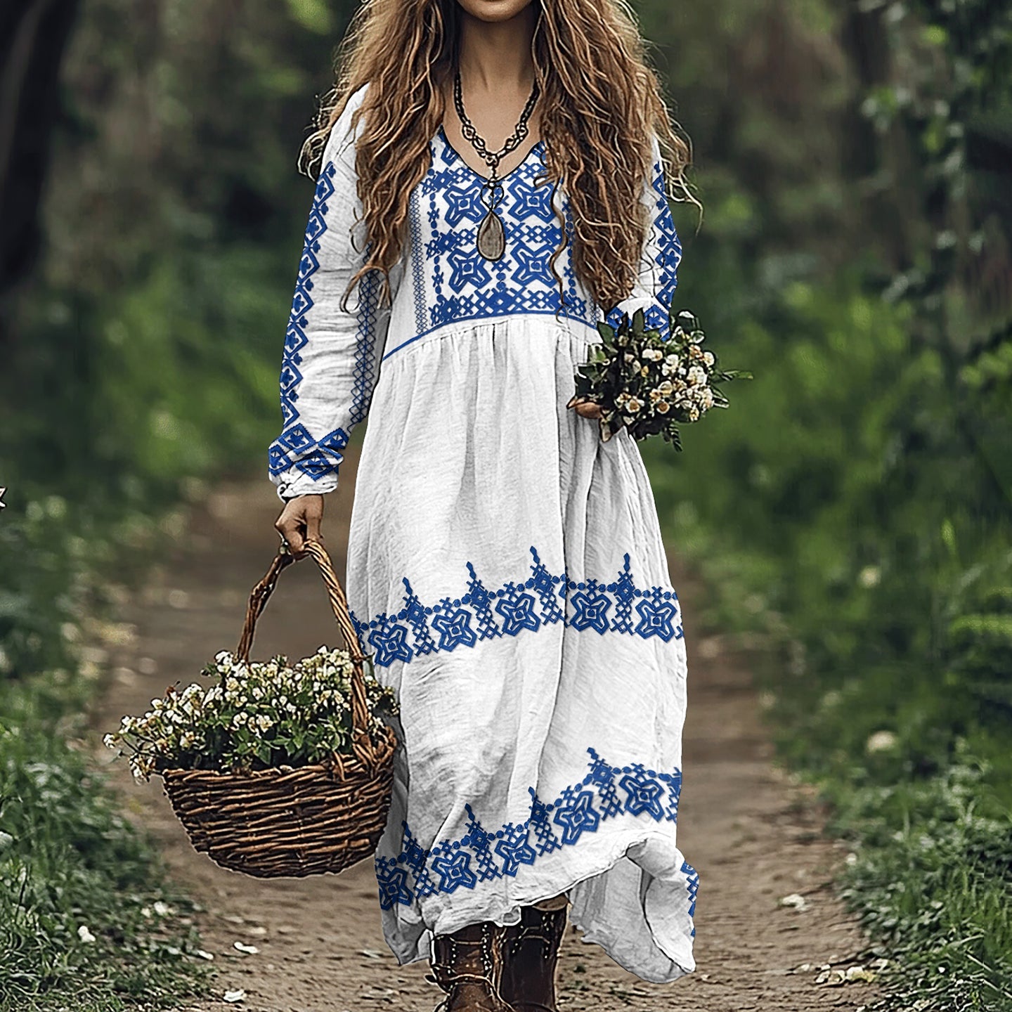 Cretan Pattern V-neck Loose Linen Blend Midi Dress elevenforest