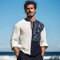 Men's Vintage Sashiko Patchwork Japanese Art Linen V-neck Shirt elevenforest