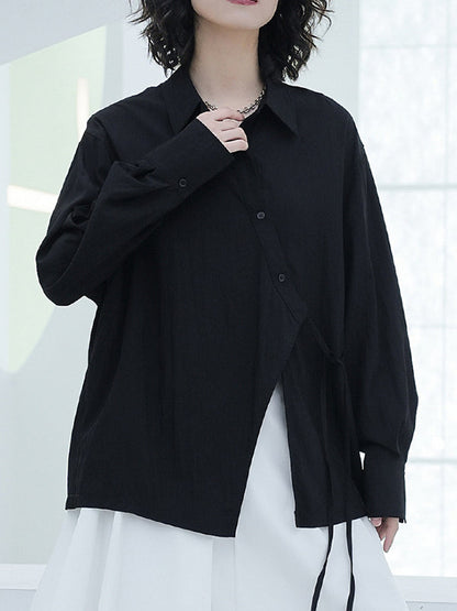 Loose Puff Sleeves Asymmetric Lace-up See-through Color Split-joint Lapel Blouses