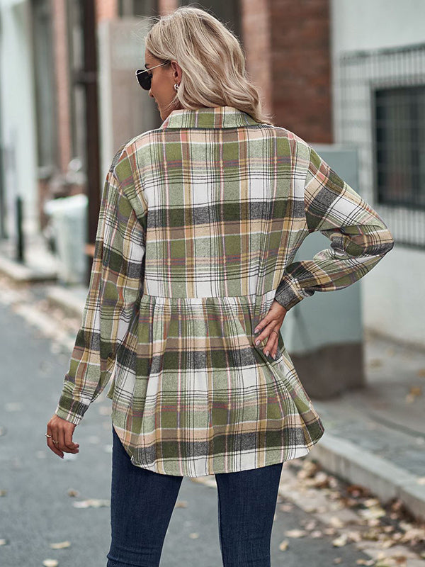 Loose Checkered Lapel Blouses&shirts Tops