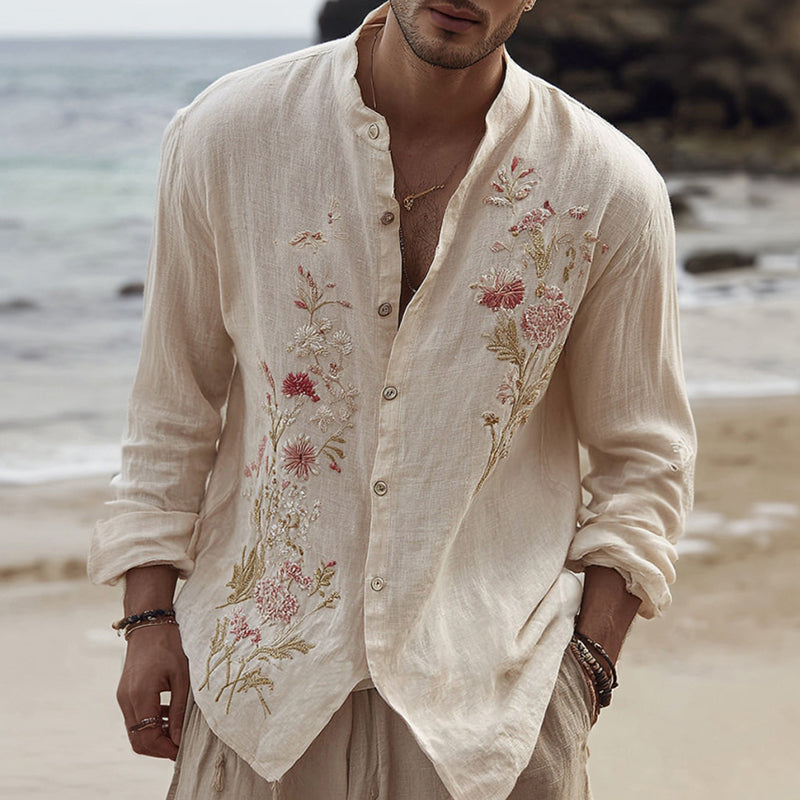 Men's Floral Embroidered Comfortable Linen Shirt elevenforest