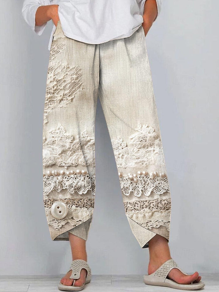 Layered Lace Patchwork Art Linen Blend Pants elevenforest