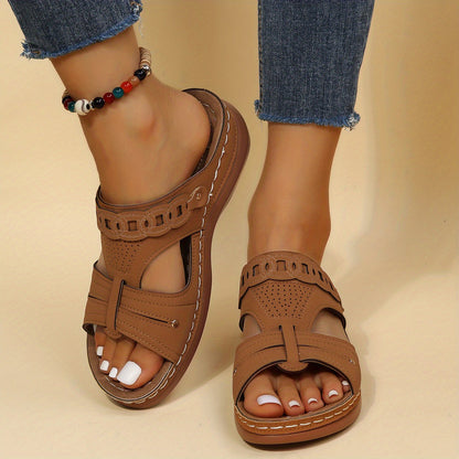 Retro Low Wedge Slippers, Cut-out Open Toe Non Slip Arch Support Slides Shoes, Outdoor Slippers Se1037