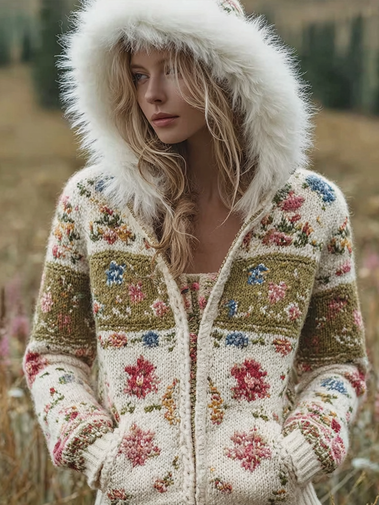 Comstylish Bohemian Style Plant Flower Pattern Printed Women's Winter Warm Knitted Sweater Coat