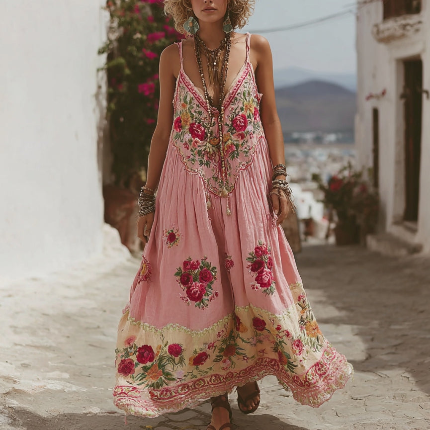 Pink Rose Embroidery V-neck Suspender Maxi Dress elevenforest