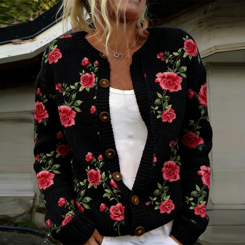 Bohemian Style Rose Pattern Women's Cardigan Sweater elevenforest