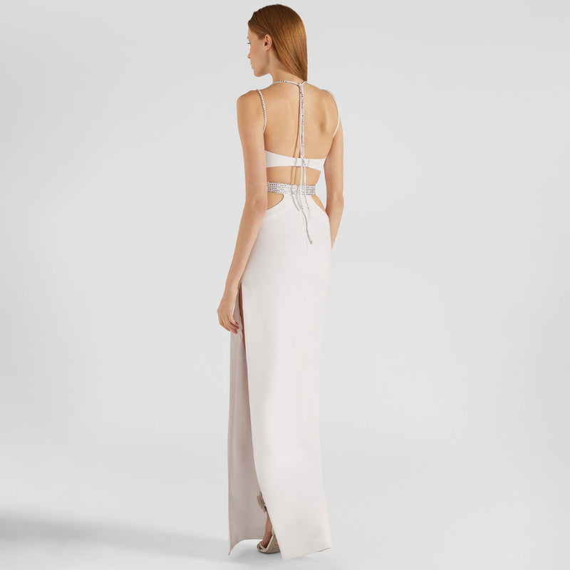White Rhinestone Hollow Out Cutout Out Dress Camisole Backless Maxi Dress Dress Slim Bandage