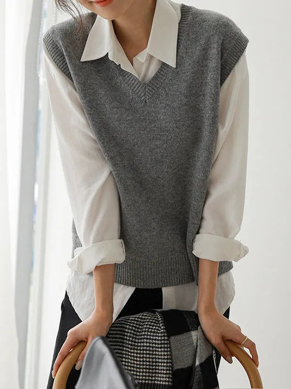 Loose Sleeveless Color V-neck Sweater Vest Outerwear