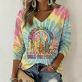 Comstylish Women's Retro Walk For Peace Monks With Aloka Dog In Hippie Tie Dye Art Print V Neck Sweatshirt