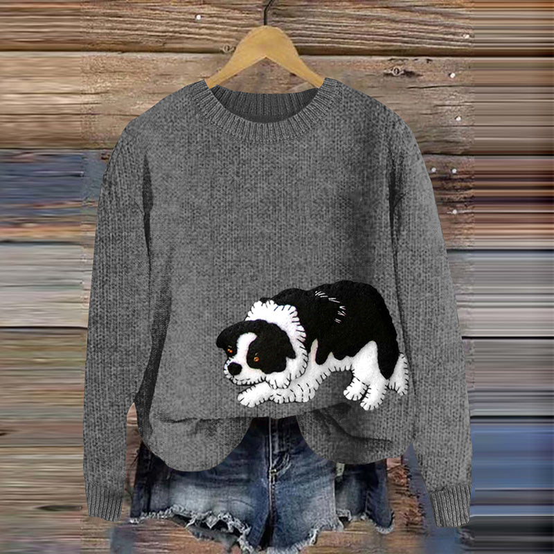 Comstylish Cute Australian Shepherd Applique Embroidery Cozy Sweater