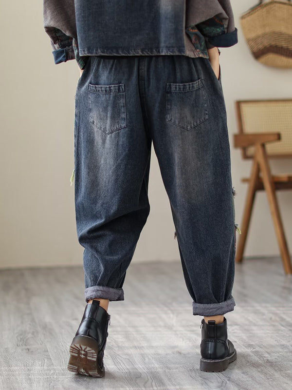 Contrast Color Fringed Split-joint Long Sleeves Printed Outwear + Harem Pants Two Pieces Set