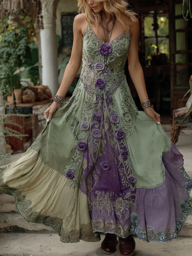 Vintage Classy Gradient Purple Lavender And Floral Embroidered Linen Suspender Long Dress elevenforest