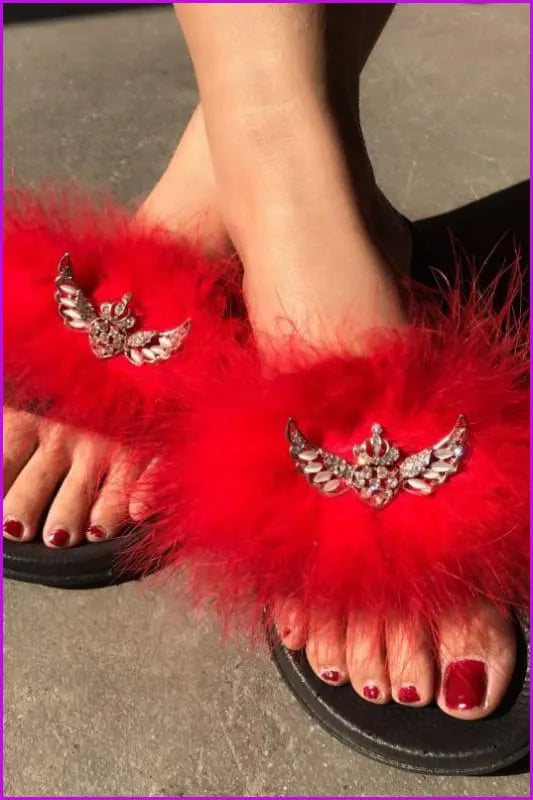 Rhinestone Bow Lady Furry Slides Fur Slippers De239