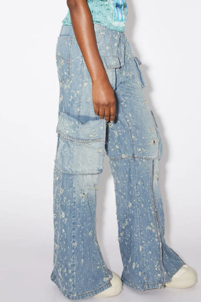 Patchwork Ripped Pocket Zipper Straight Denim Jeans