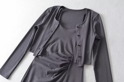 Pure Suit Autumn Winter Short Slim Long Sleeve Cardigan Inner Wear Pleated Cami Dress