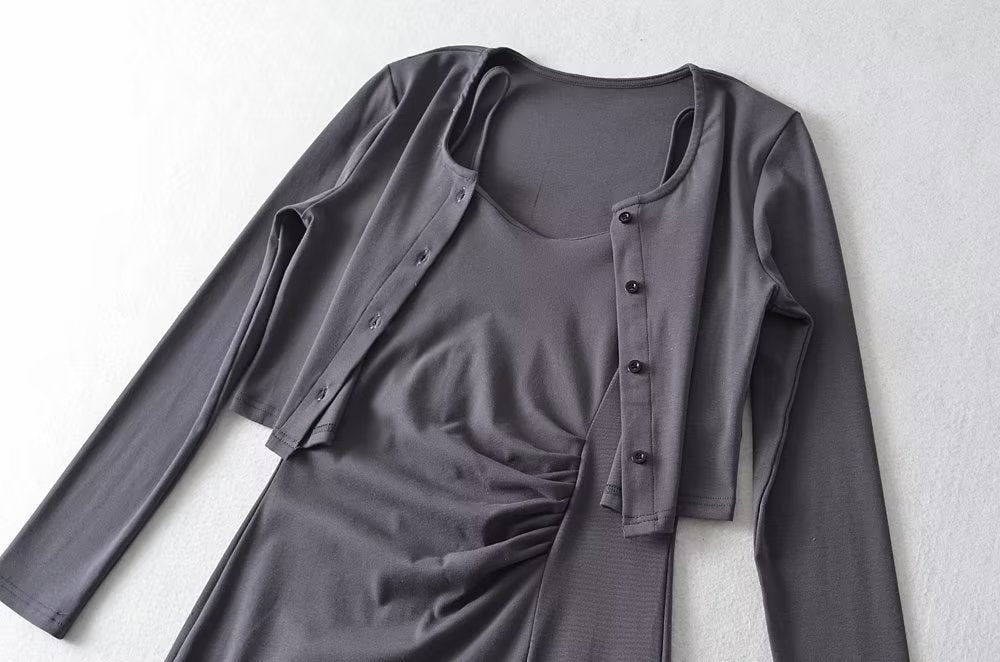 Pure Suit Autumn Winter Short Slim Long Sleeve Cardigan Inner Wear Pleated Cami Dress