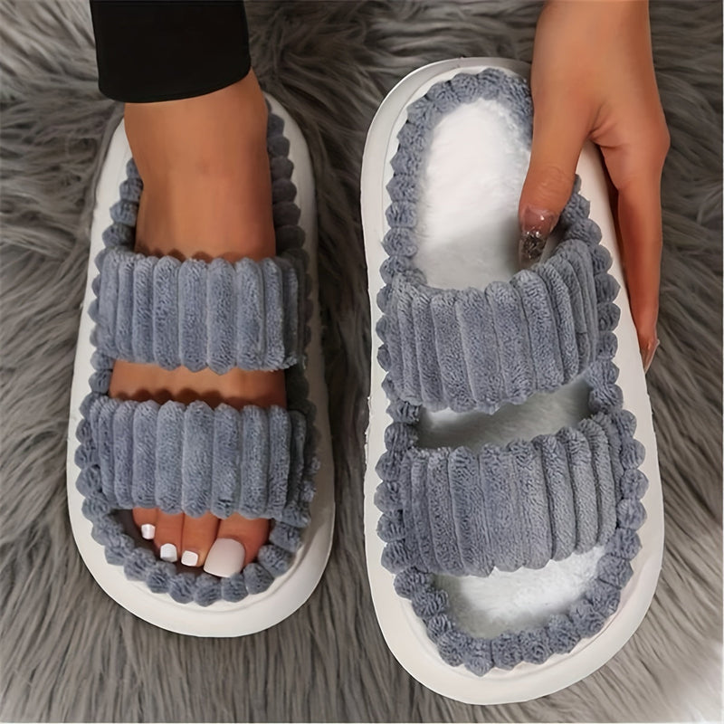 Double Straps Plush Slippers Ht0147