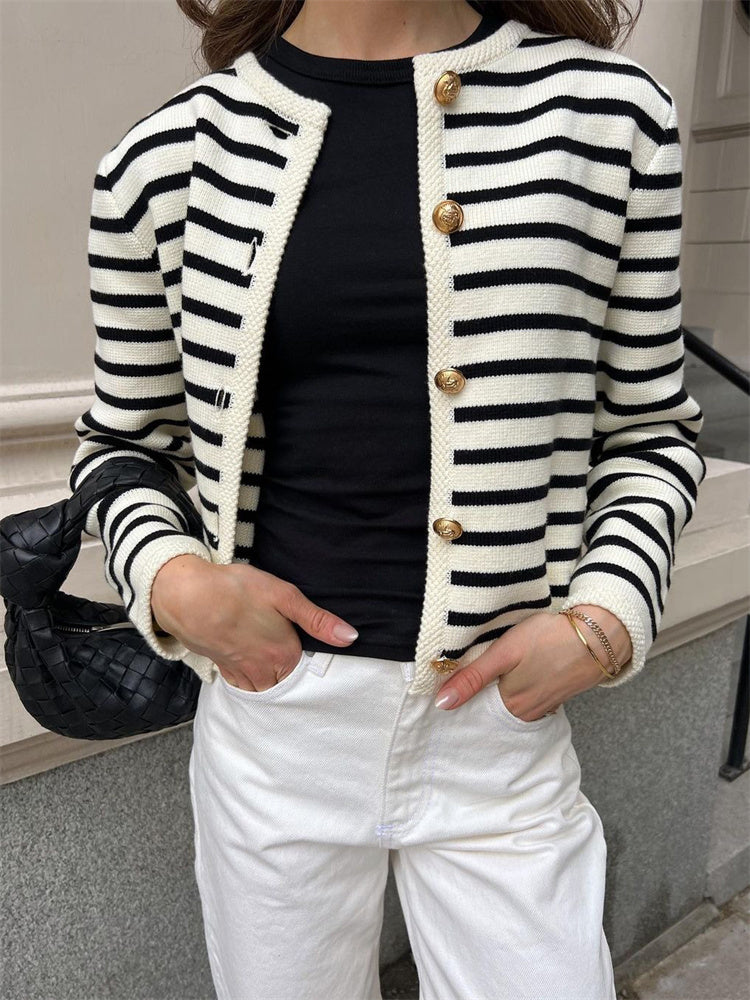 Tossy Striped Knit Sweater Cardigan Coat Female Loose Long Sleeve Slim Patchwork Contrast Outwear Summer Knitwear Coat