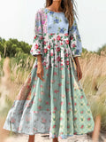 Women's Vintage Floral Patchwork Art Print Flowy Cotton Crew Neck Dres