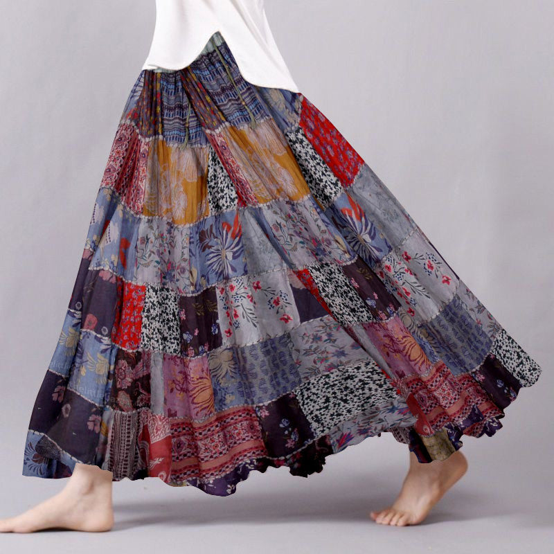 Vintage Floral Patchwork Pattern Flowy Wide Skirt elevenforest