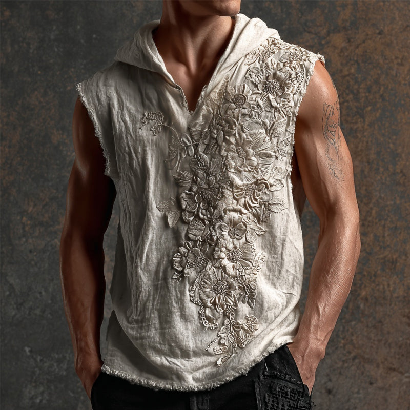 Men's Floral Lace Embroidered Vintage Hooded Linen Tank elevenforest