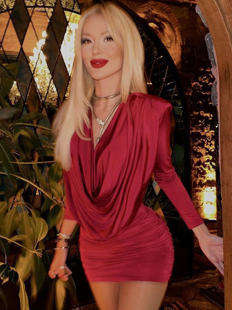 Tossy Pleated V-neck Mini Dress Female Long Sleeve Slim High Waist Patchwork Clothes ’s Party Dress