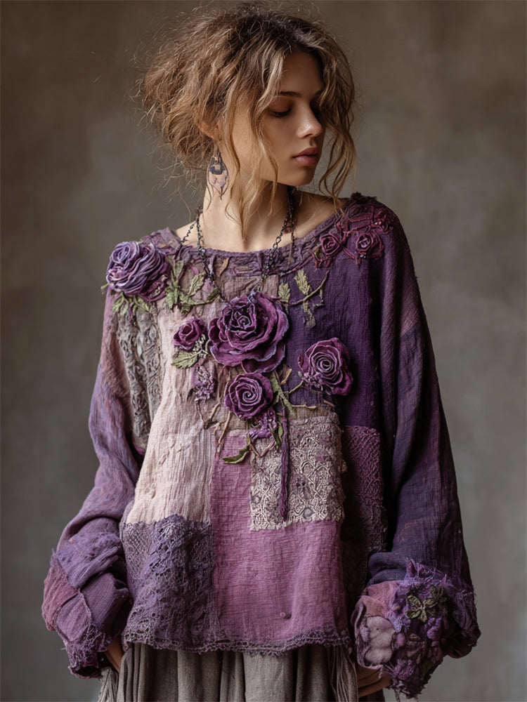 Vintage Purple Roses Boho Lace Patchwork Linen Tunic elevenforest