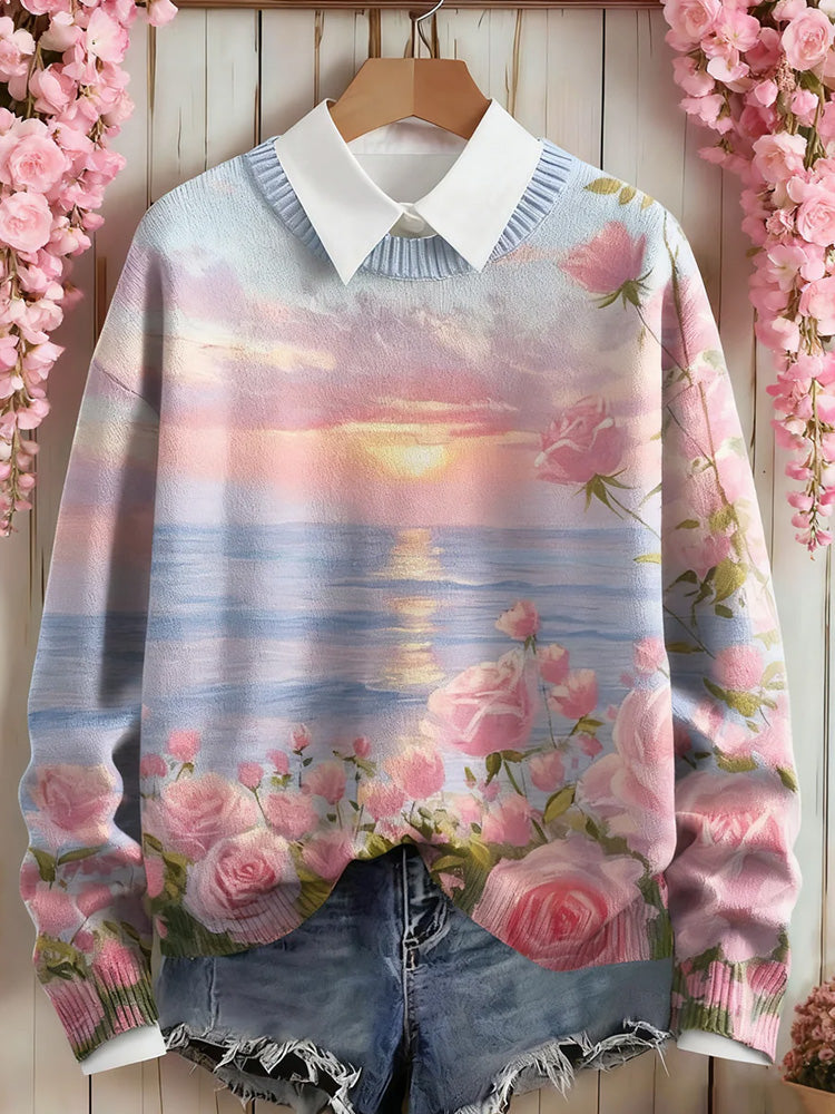 Comstylish Women's Pink Floral Art Print Sweater