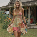 Classy Boho Patchwork Floral Embroidered Linen Suspender Dress elevenforest