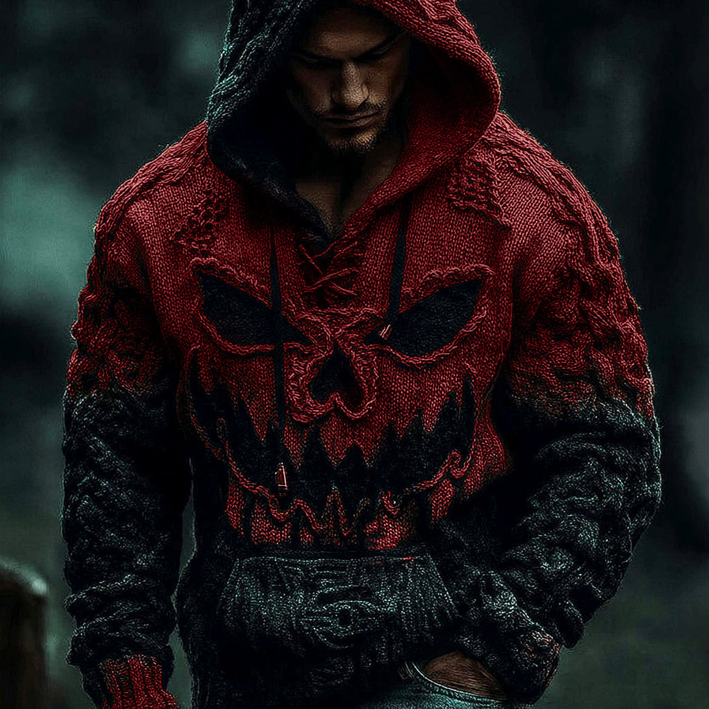 Men's Halloween Pumpkin Face Gradient Jacquard Knit Hooded Sweater elevenforest