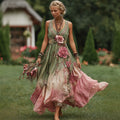 Vintage Floral Embroidered Art V Neck Sleeveless Linen Maxi Dress elevenforest