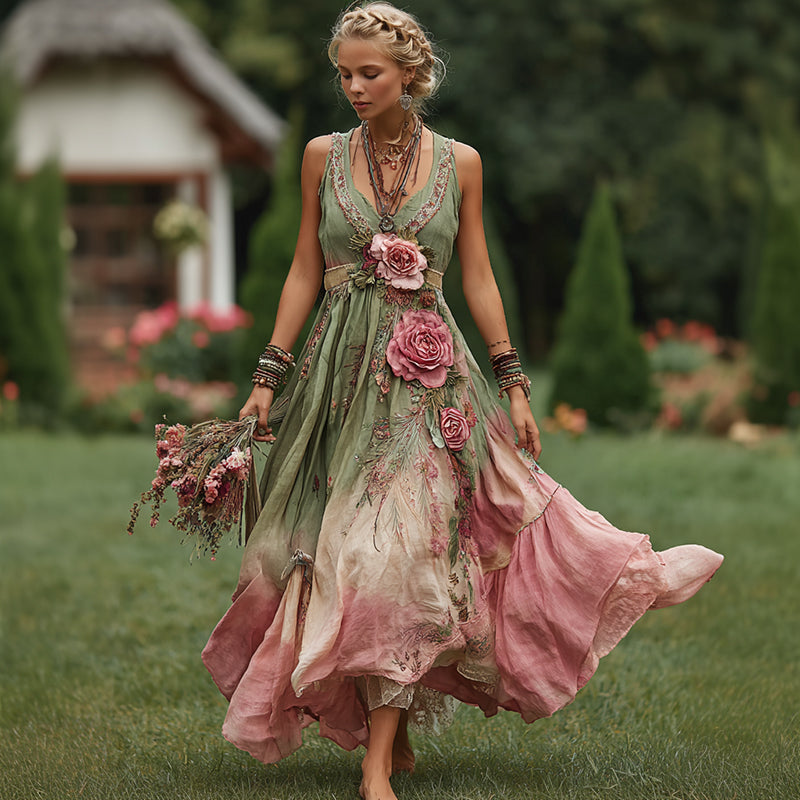 Vintage Floral Embroidered Art V Neck Sleeveless Linen Maxi Dress elevenforest