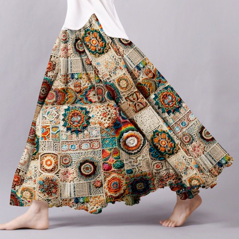 Women's Vintage Crochet Flowers Art Linen Flowy Wide Skirt elevenforest