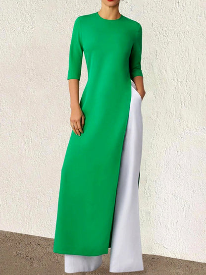 Half Sleeves Color Split-side Round-neck T-shirts Tops