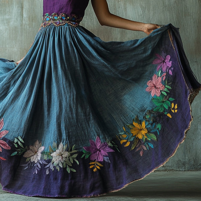 Vintage Floral Embroidered Pattern Art Linen Blend Skirt elevenforest