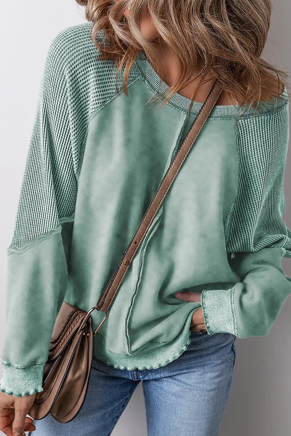 Mineral Blue Patchwork Waffle Knit Sweatshirt