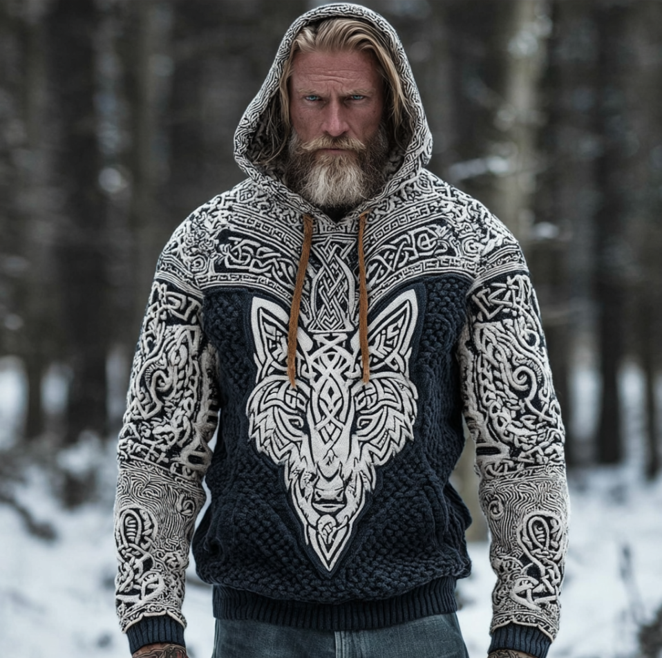 Men's Hooded Thick Sweater With Viking Style Tribal Totem And Wolf Totem Patterns elevenforest