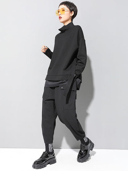 Black False-two Split-joint High-neck Sweatshirt T-shirt