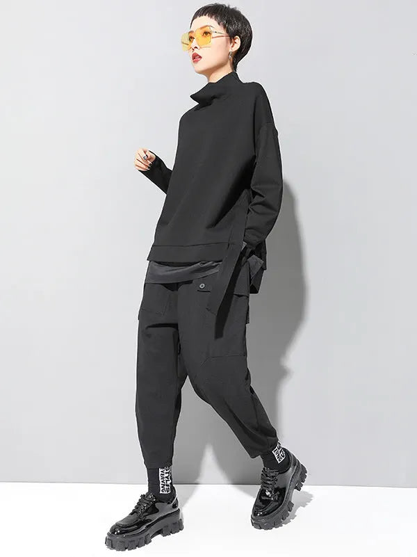 Black False-two Split-joint High-neck Sweatshirt T-shirt
