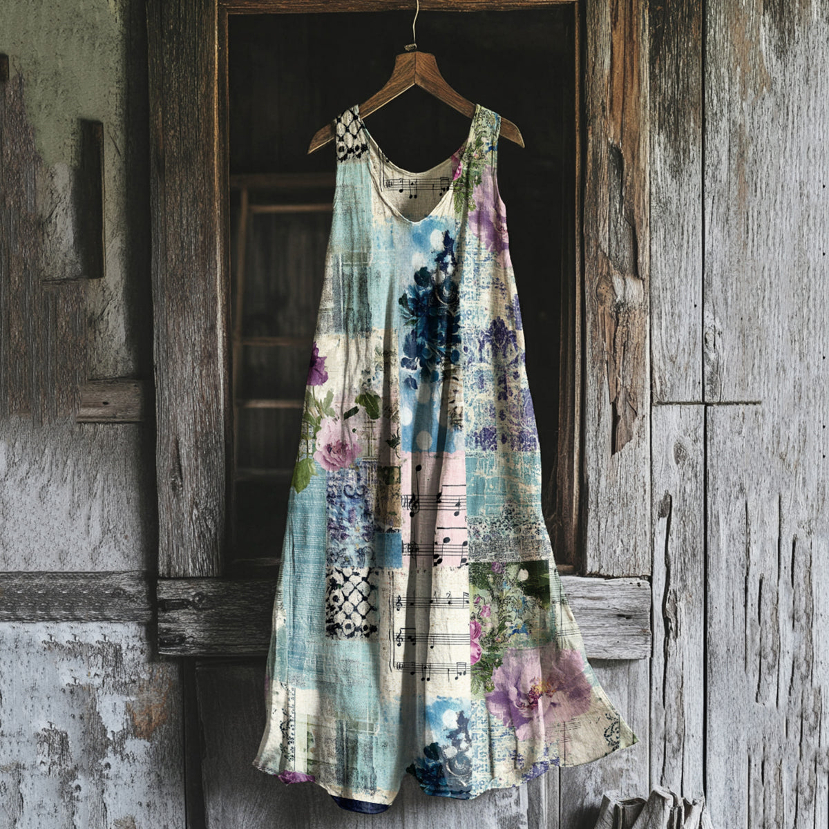 Vintage Floral Patchwork Loose Linen Blend Tank Dress elevenforest