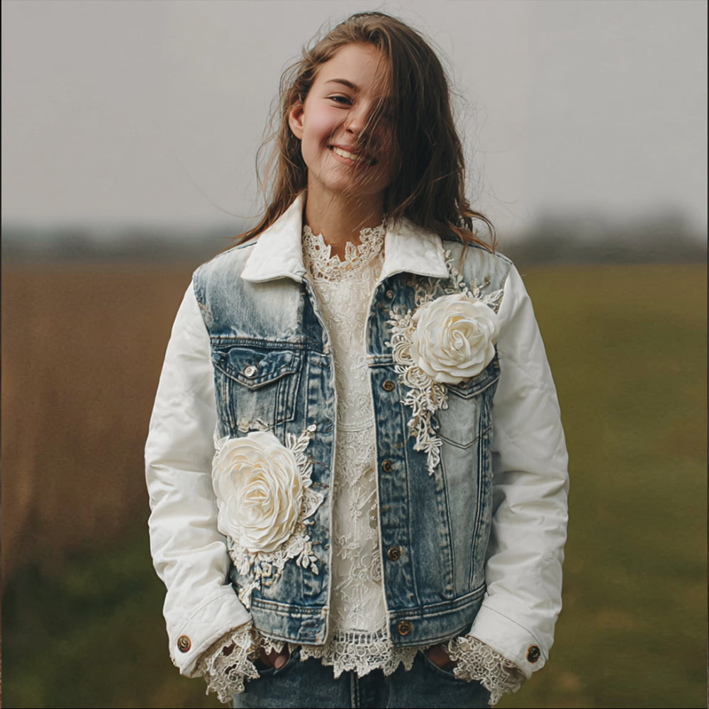Women's Bohemian Style Embroidered Three-dimensional Rose Denim Jacket elevenforest