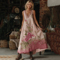 Vintage Classy Gradient Pink Roses Embroidered Linen Maxi Dress elevenforest