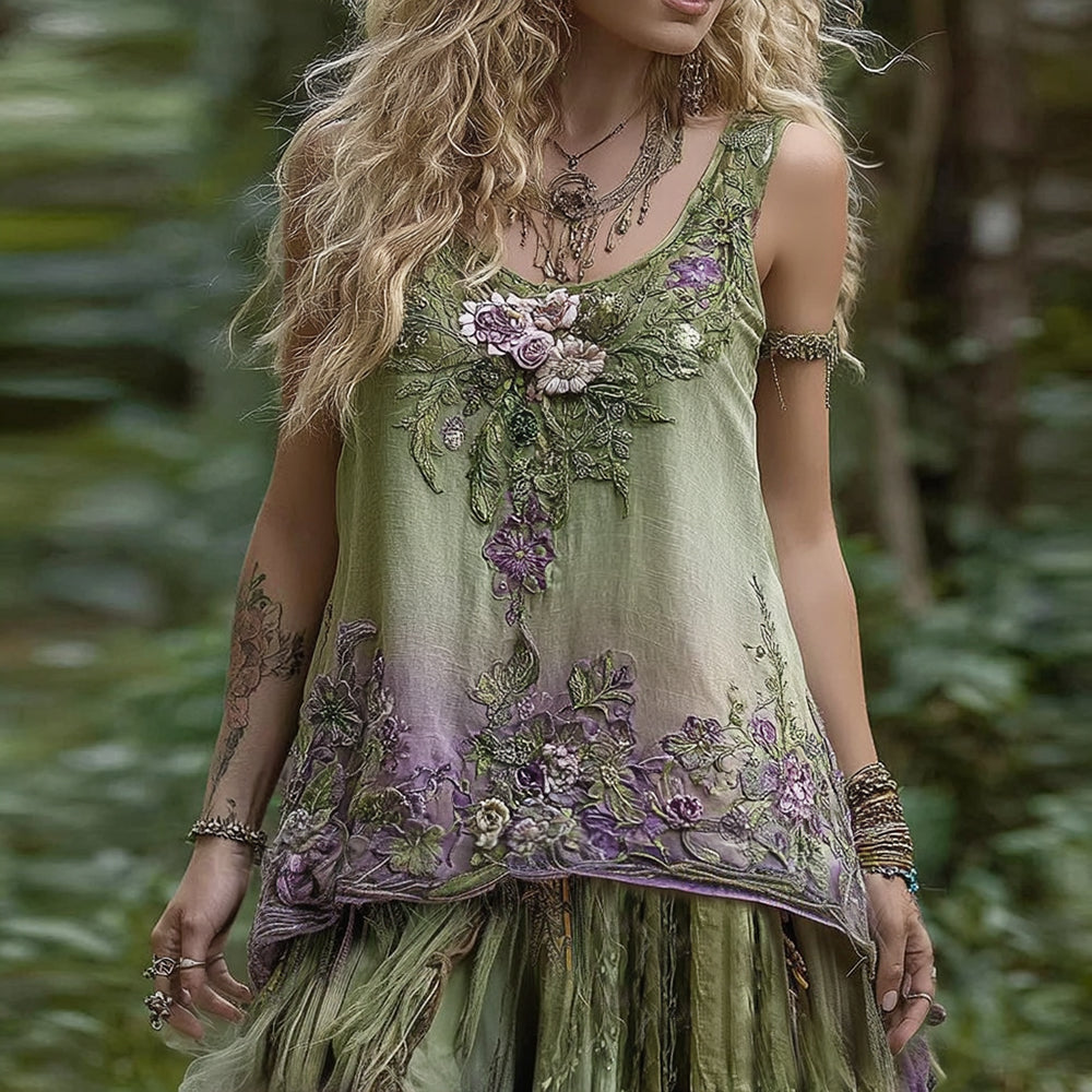 Women's Floral Embroidered Crew Neck Linen Blend Tank Top elevenforest