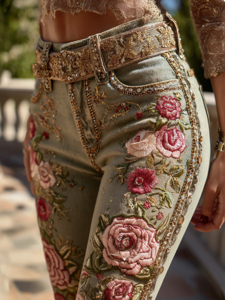 Women's Bohemian Style Pink Rose Embroidery Jeans elevenforest