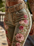Women's Bohemian Style Pink Rose Embroidery Jeans elevenforest